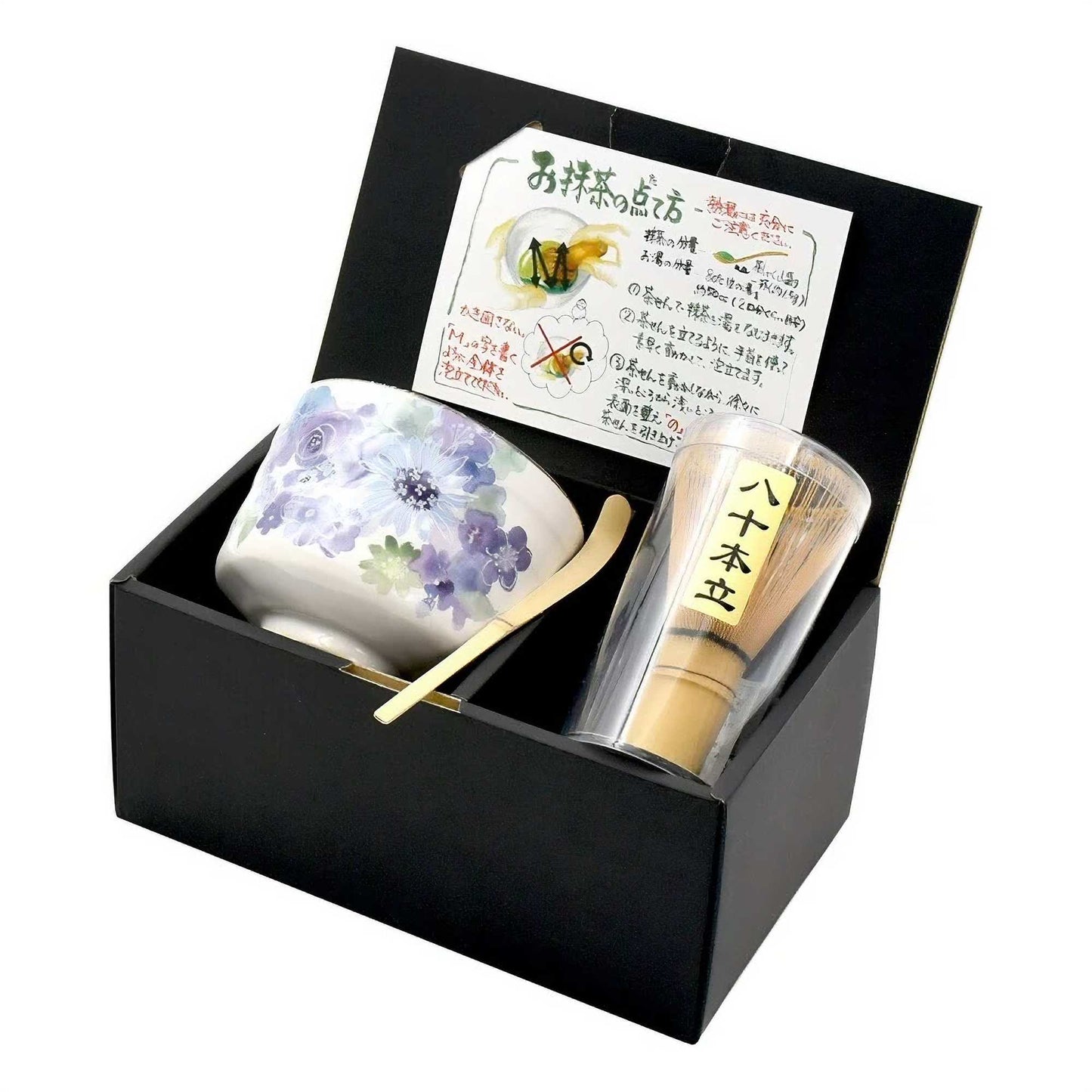 Handmade Matcha Bowl Set with Whisk & Scoop - Blue Flower - ZenwareCrafts