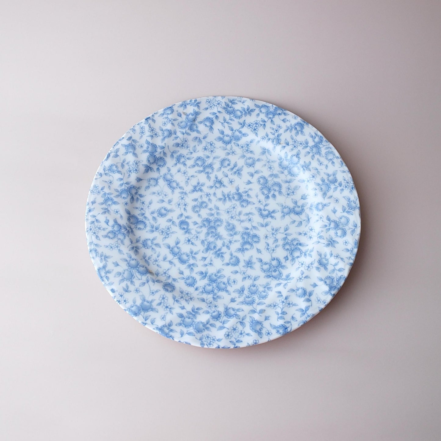 Round blue floral plate on a light gray background