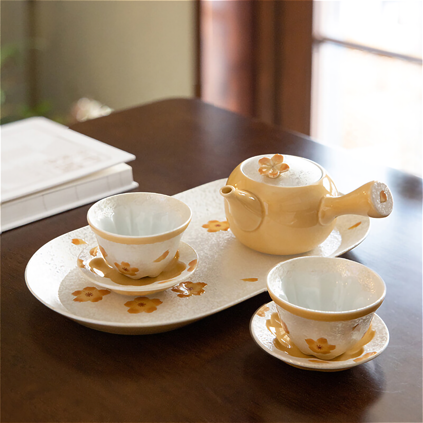 Cherry Blossom Handmade Teapot and Cup Set - Orange
