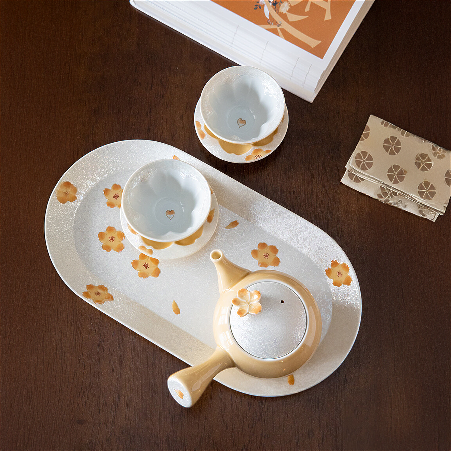 Cherry Blossom Handmade Teapot and Cup Set - Orange