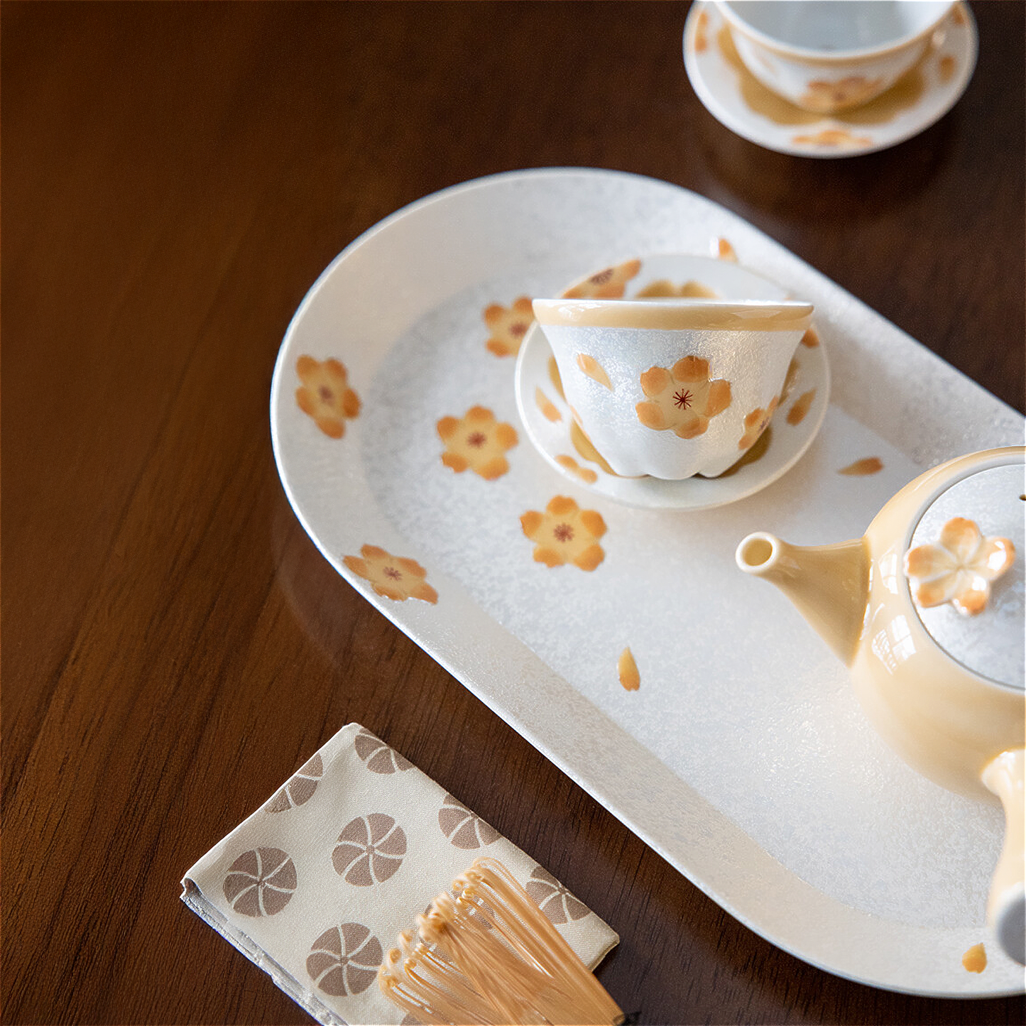 Cherry Blossom Handmade Teapot and Cup Set - Orange