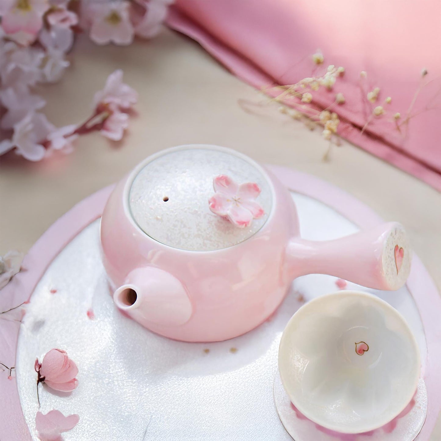 Cherry Blossom Handmade Teapot and Cup Set -  Pink