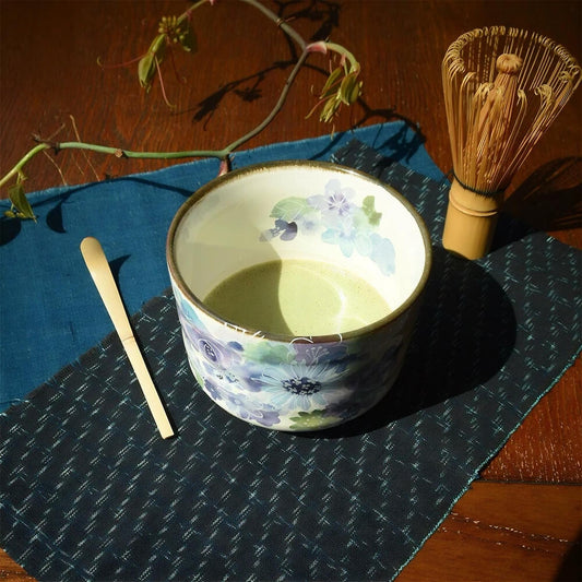 Handmade Matcha Bowl Set with Whisk & Scoop - Blue Flower