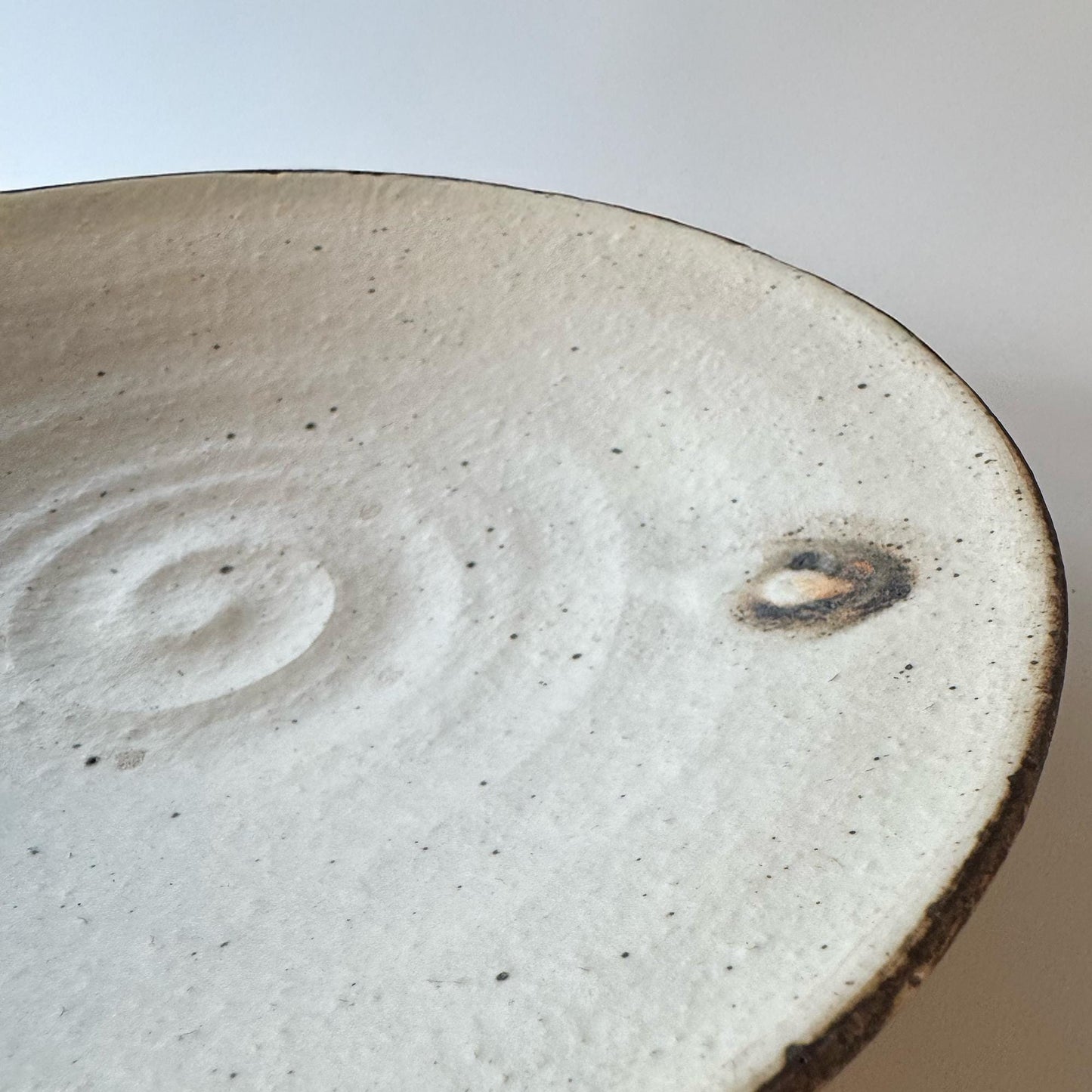 A close-up of a handmade, shallow ceramic bowl with a subtle, earthy tone and a speckled glaze.