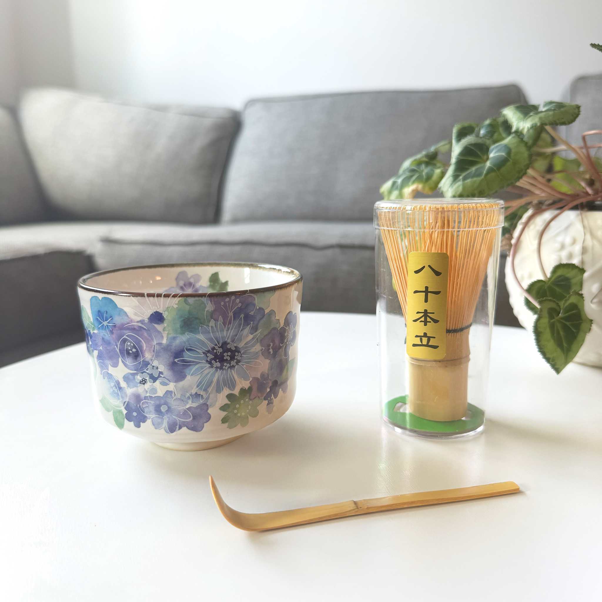 Handmade Matcha Bowl Set with Whisk & Scoop - Blue Flower - ZenwareCrafts