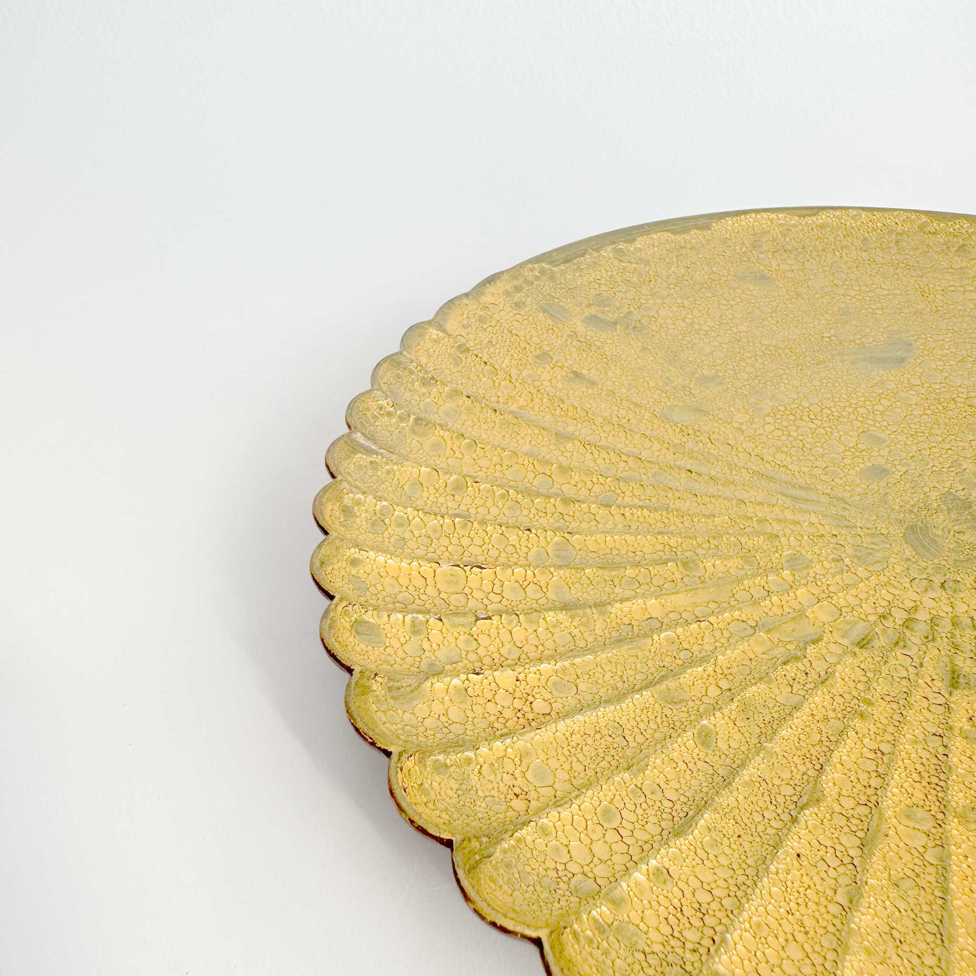 Close-up of a textured yellow circular object on a light gray background