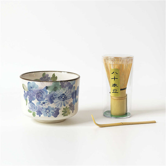 Handmade Matcha Bowl Set with Whisk & Scoop - Blue Flower - ZenwareCrafts