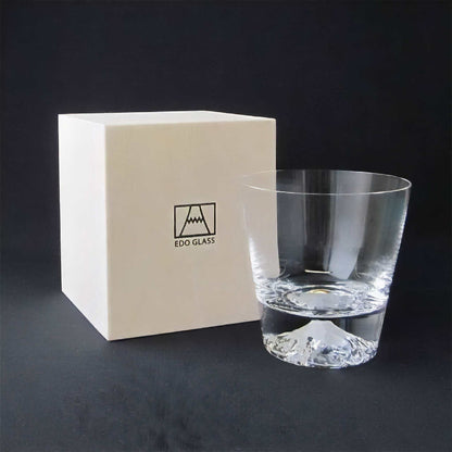 Clear glass tumbler with Edo Glass box on a dark background