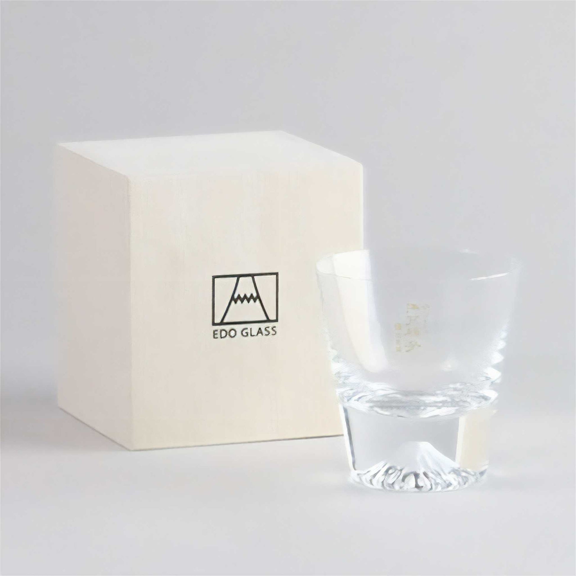 Clear glass product next to a beige box with 'Edo Glass' branding on a light gray background