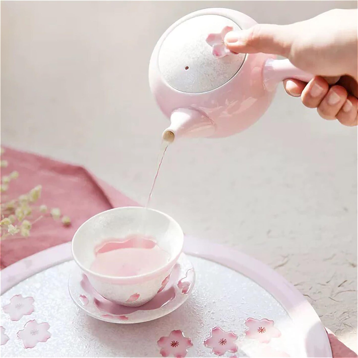 Cherry Blossom Handmade Teapot and Cup Set -  Pink