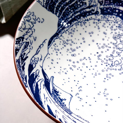 Close-up of a ceramic plate with blue and white design on a light background