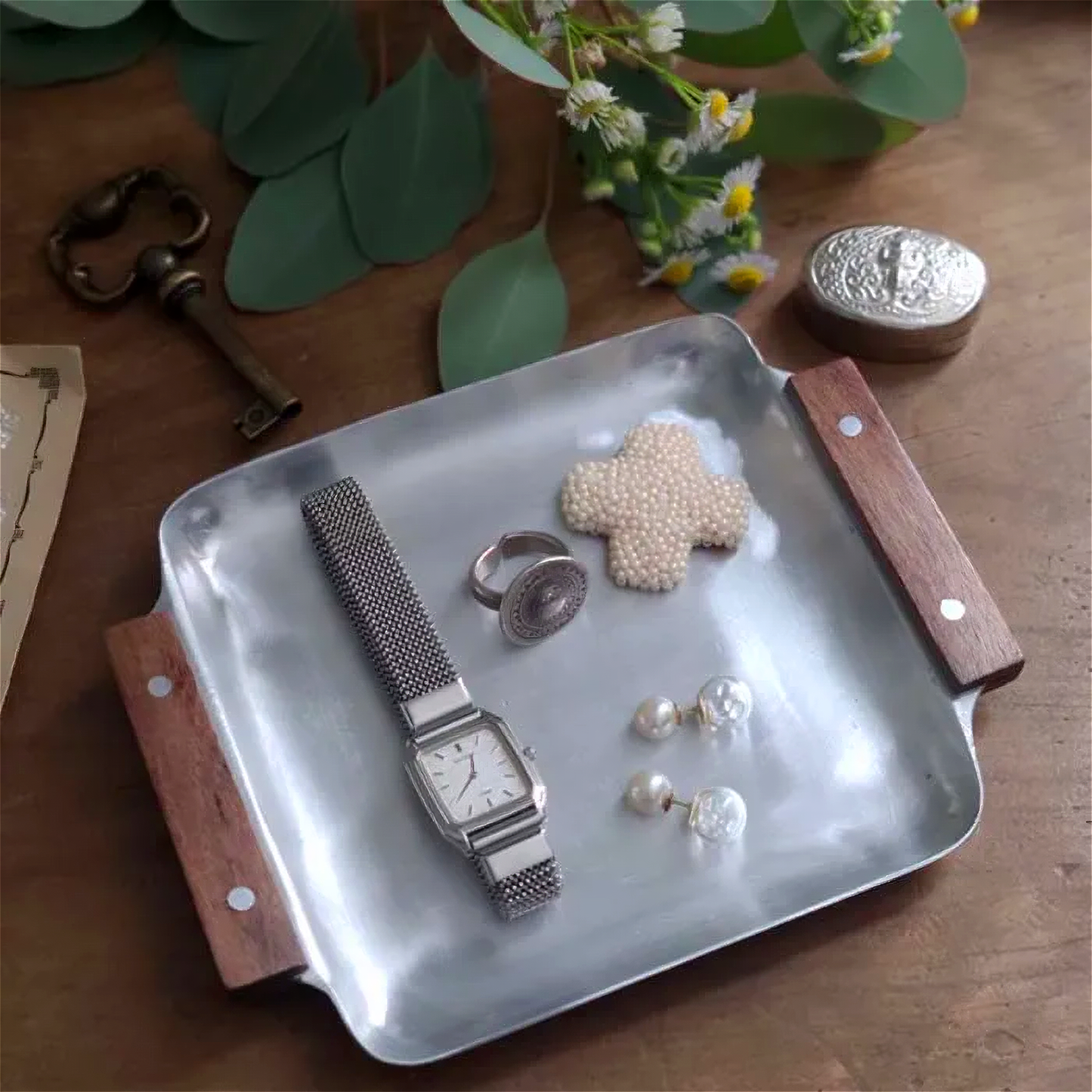 Decorative Mini Tray with Rustic Wooden Handle