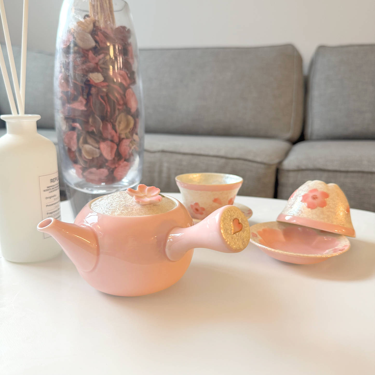 Cherry Blossom Handmade Teapot and Cup Set -  Pink