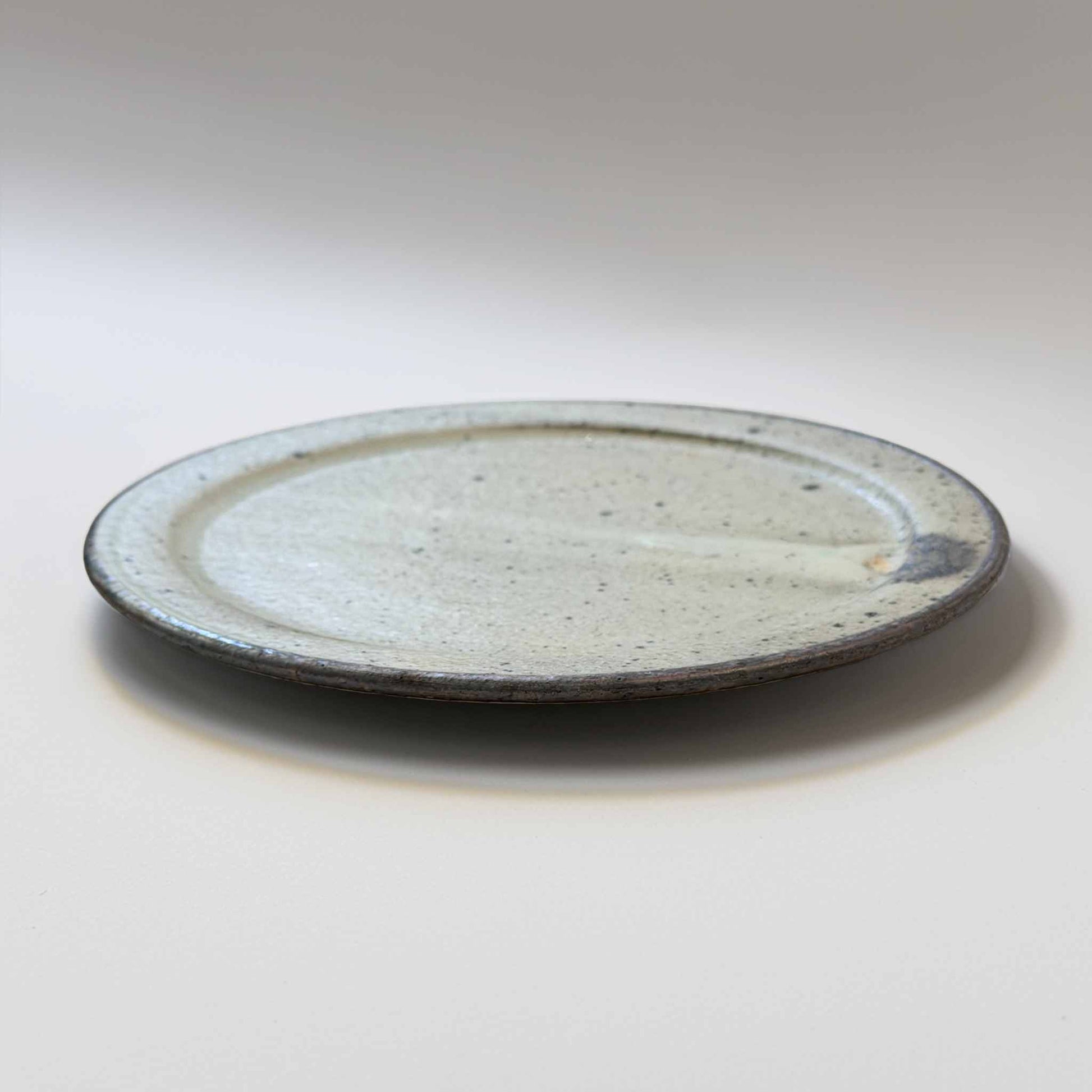 Ceramic plate with a speckled glaze on a white background