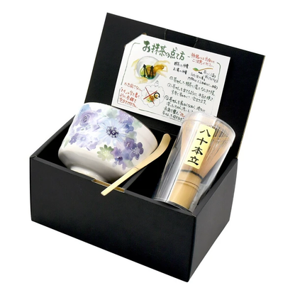 Handmade Matcha Bowl Set with Whisk & Scoop - Blue Flower