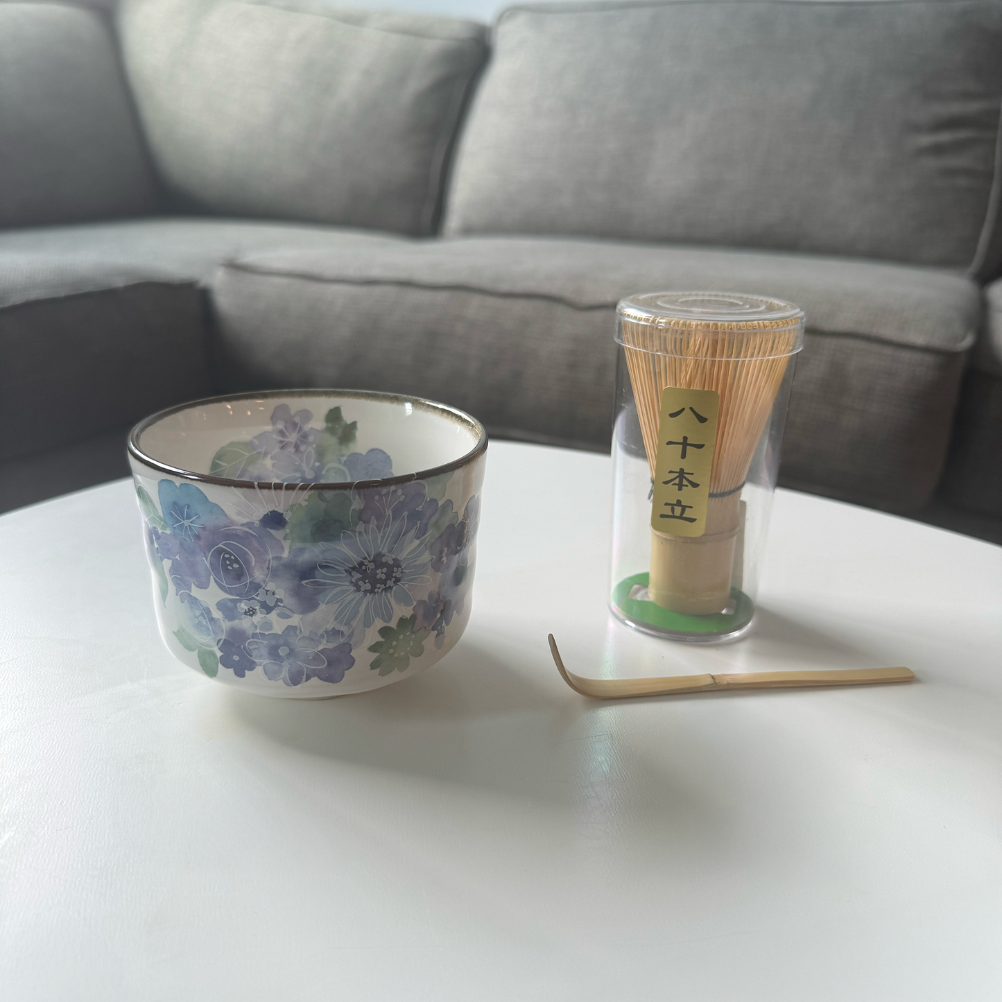 Handmade Matcha Bowl Set with Whisk & Scoop - Blue Flower