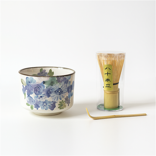Handmade Matcha Bowl Set with Whisk & Scoop - Blue Flower