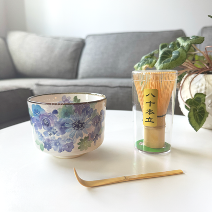 Handmade Matcha Bowl Set with Whisk & Scoop - Blue Flower