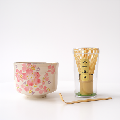 Handmade Matcha Bowl Set with Whisk & Scoop - Cherry Blossom