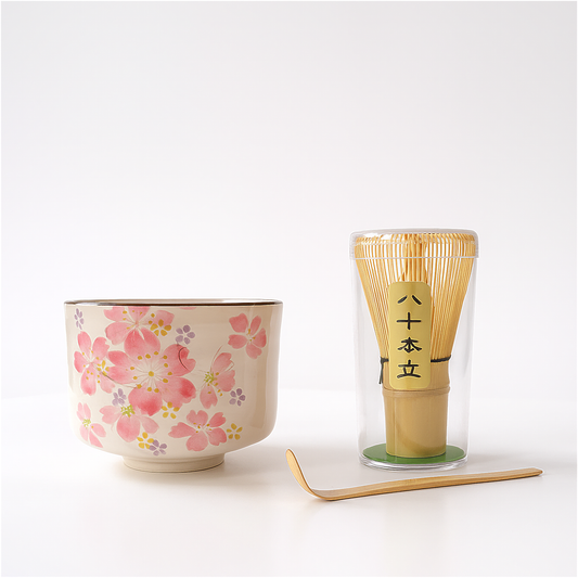 Handmade Matcha Bowl Set with Whisk & Scoop - Cherry Blossom