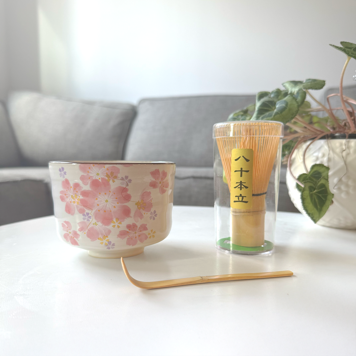 Handmade Matcha Bowl Set with Whisk & Scoop - Cherry Blossom