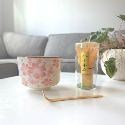 Handmade Matcha Bowl Set with Whisk & Scoop - Cherry Blossom