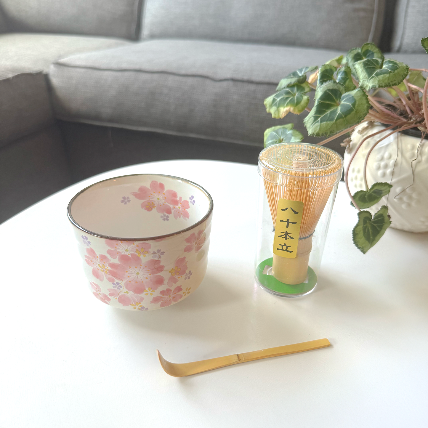 Handmade Matcha Bowl Set with Whisk & Scoop - Cherry Blossom