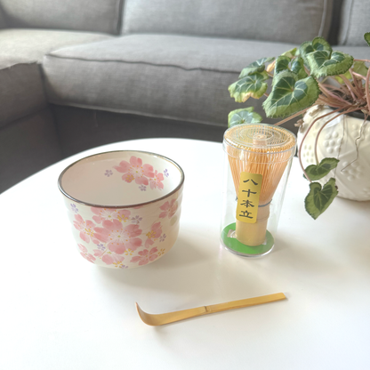 Handmade Matcha Bowl Set with Whisk & Scoop - Cherry Blossom