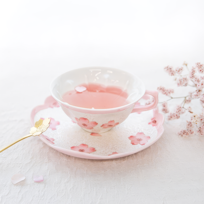 Cherry Blossom Handmade Western Tea Cup with Saucer - Pink - ZenwareCrafts