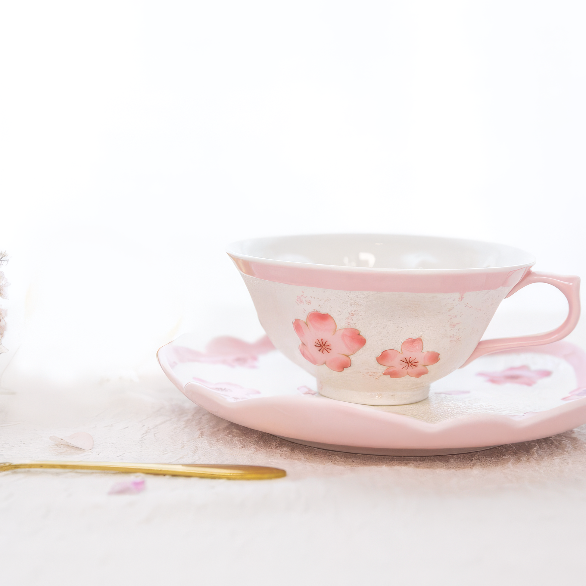 Cherry Blossom Handmade Western Tea Cup with Saucer - Pink - ZenwareCrafts