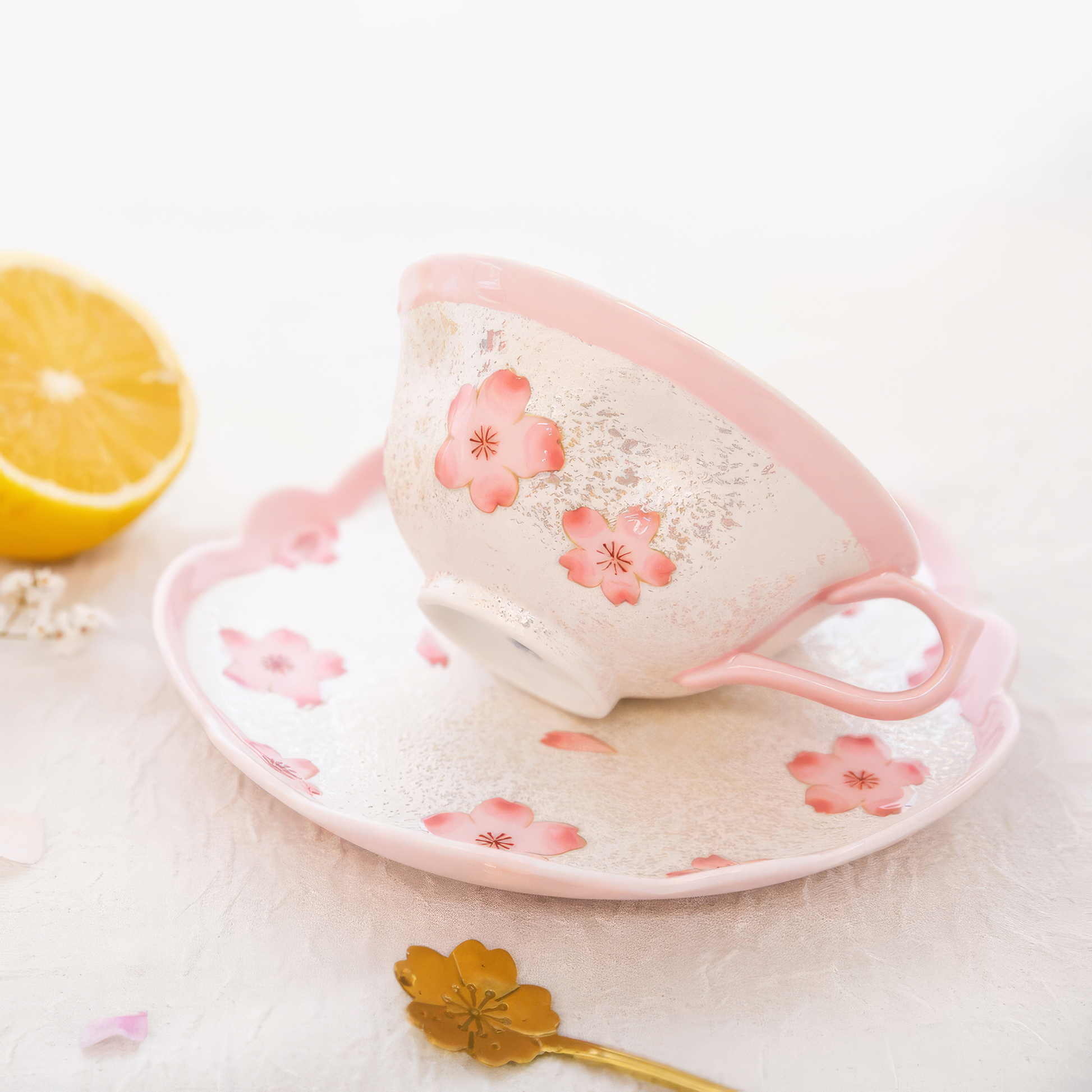 Cherry Blossom Handmade Western Tea Cup with Saucer - Pink - ZenwareCrafts