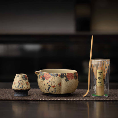 Blue&White Flint Red Handmade Matcha Bowl Set with Accessories