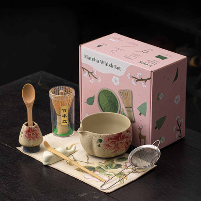 Blue&White Flint Red Handmade Matcha Bowl Set with Accessories