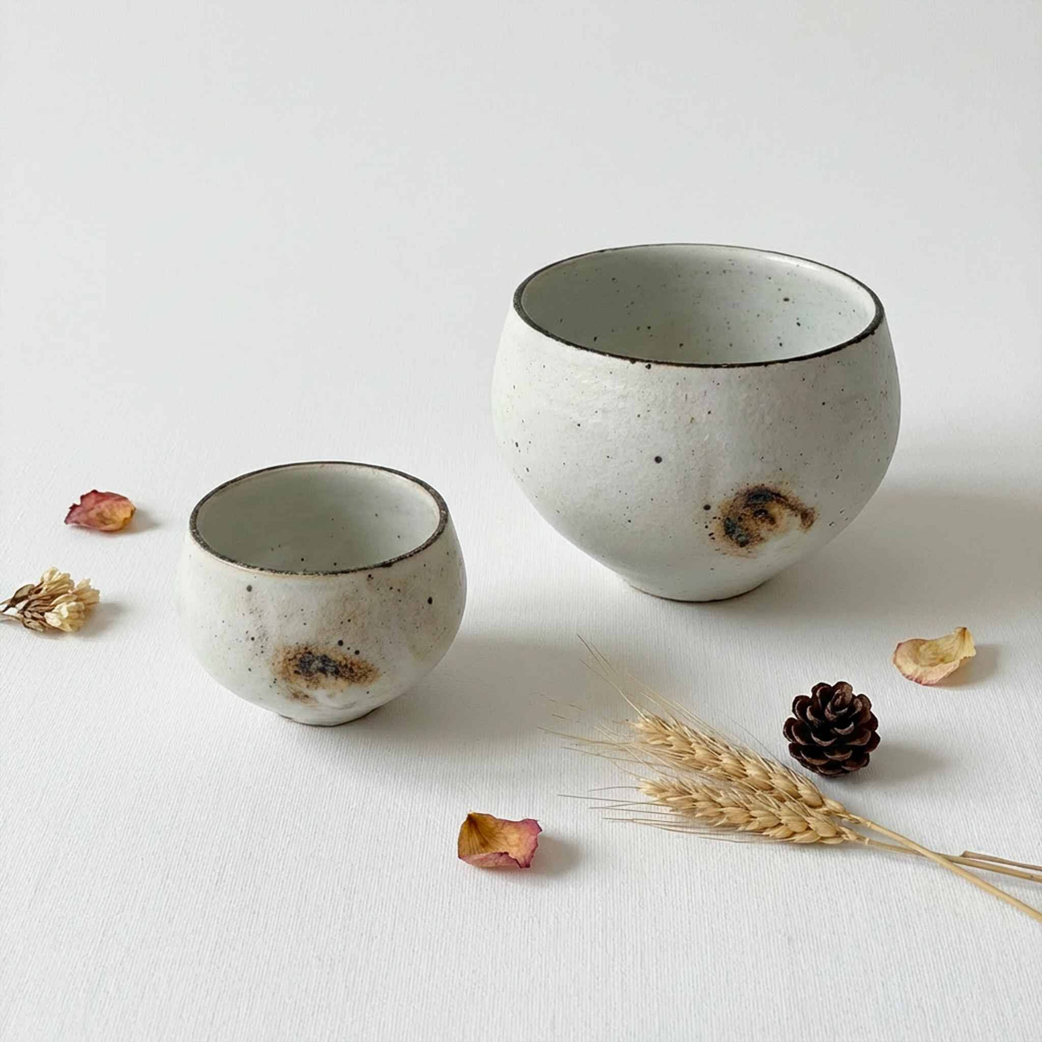 Handmade ceramic soup cup with natural glaze, placed on a white surface with dried flowers and a pinecone.