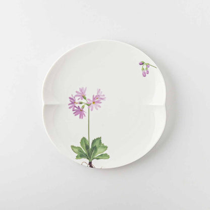 A delicate white porcelain plate with a small, pale purple daisy and green leaves, set against a plain white background.