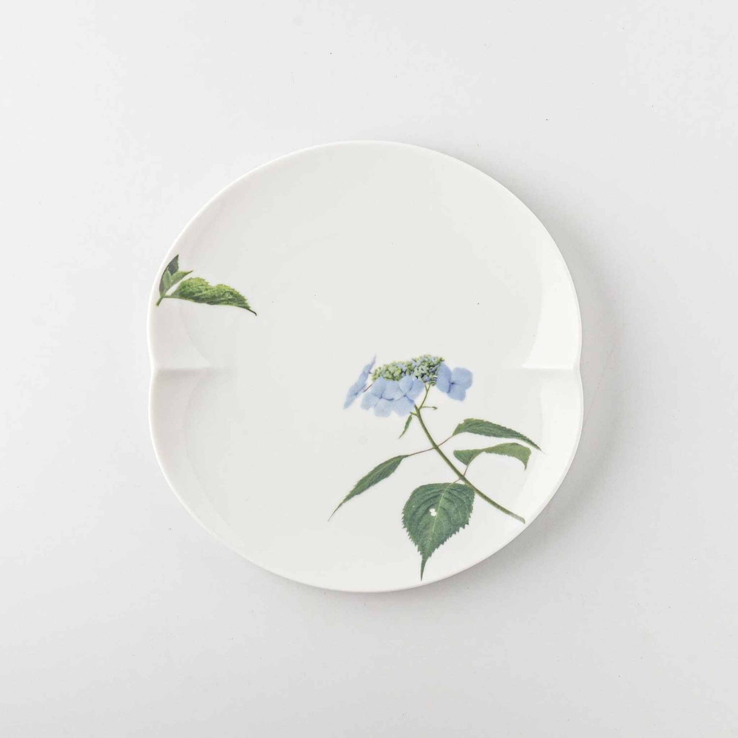 A delicate, white, porcelain plate with a small, blue daisy design and green leaves.