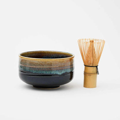 Handmade Hasami Ware Matcha Bowl Set with Whisk - Blue Blower