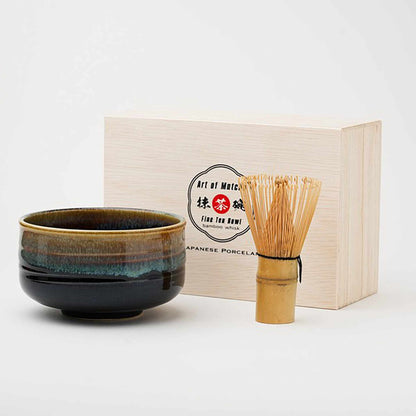 Handmade Hasami Ware Matcha Bowl Set with Whisk - Blue Blower