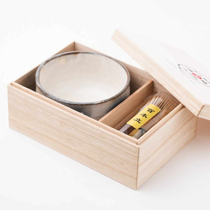 Handmade Hasami Ware Matcha Bowl Set with Whisk - Blue Blower