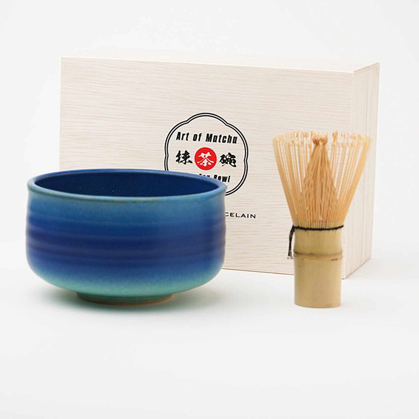 Handmade Hasami Ware Matcha Bowl Set with Whisk - Blue Blower