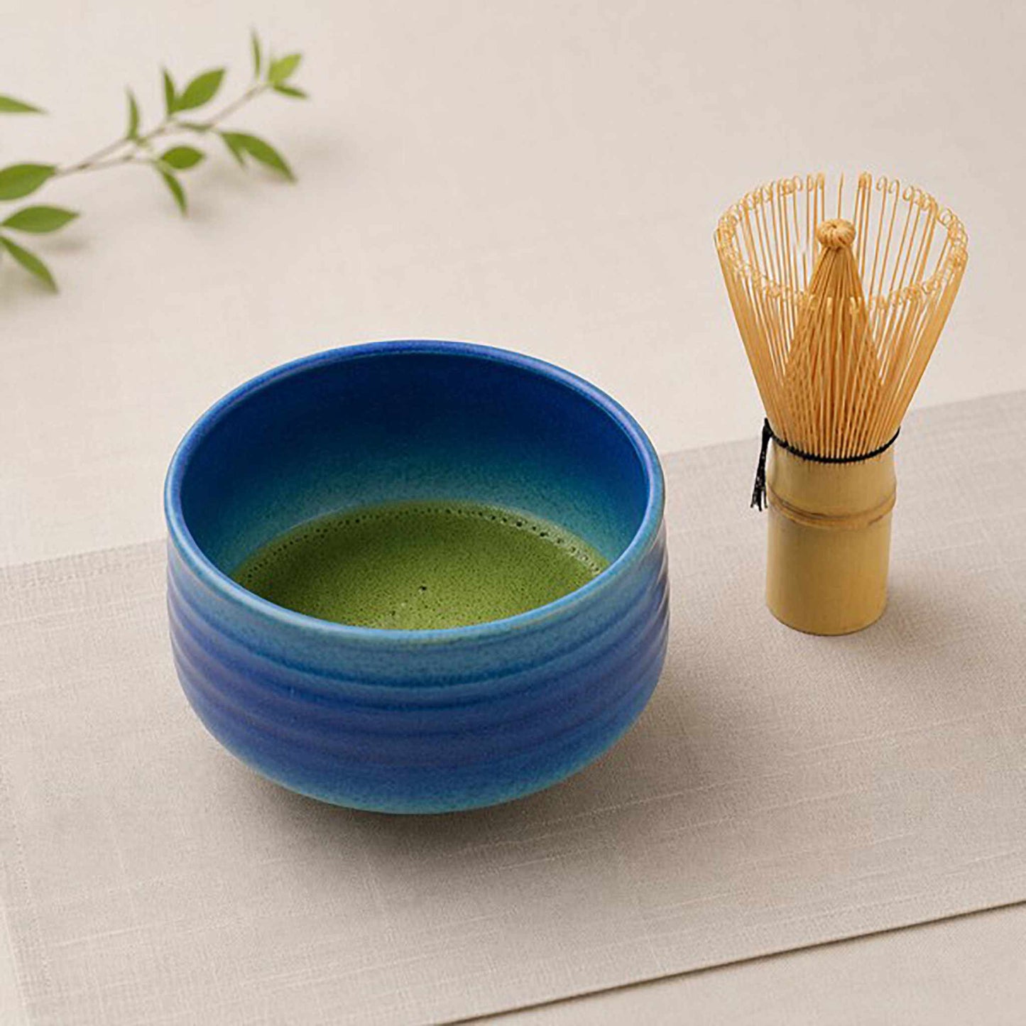 Handmade Hasami Ware Matcha Bowl Set with Whisk - Blue Blower