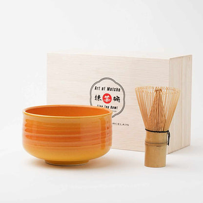 Handmade Hasami Ware Matcha Bowl Set with Whisk - Blue Blower